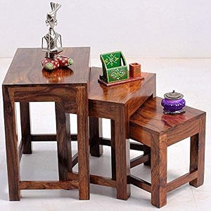 furniture solid wood nesting table set of 3 stool for living room sheesham wood natural honey finish
