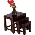 Furniture Solid Wood Nesting Table Set of 3 Stool for Living Room (Sheesham Wood, Walnut Finish)
