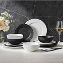 Black &amp; white Dinnerware Sets for 4, 12-Piece plates and bowls sets