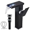 Black Bathroom Faucet Vessel Waterfall Open Spout LED Light 3 Color Change