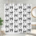 Black Bow Shower Curtain Set, Cute Modern Girl Bathroom Aesthetic Polyester Cloth Fabric Bath Curtain Decor with Hooks 72x72 Inches