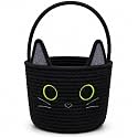 Black Cat Halloween Basket for Kids, Trick or Treat Bucket, Green Eyes