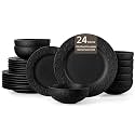 Black Dinnerware Sets, 24-Piece plates and bowls sets, Matte Marble