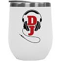 Black DJ Style Wired Music Headphones Or Headset Print 12oz Insulated Wine Tumbler, Stuff, Decorations, Accessories & Cool Gifts For Radio Disc Jockey, Turntablist, Bass DJ & Men & Women Studio DJs