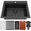Black Drop In Kitchen Sink 26"X22",Single Bowl Workstation Sink