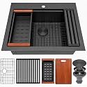 Black Drop In Kitchen Sink 28"X22",Single Bowl Workstation Sink