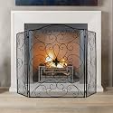Black Fireplace Screen 50 x 36Inch Large 3 Panel Foldable Wrought Iron Free Standing Fireplace Screen Rustic Vintage Arched Mesh Furnace Fireguards Outdoor Iron Protector Fireplace Cover
