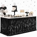 Black Foil Fringe Table Skirt, 2 Pack, Metallic Tinsel Streamers, 29x108 In