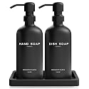 Black Glass Hand and Dish Soap Dispenser Set by Brighter Barns - Kitchen Soap Dispenser Set with Tray for Home, Airbnb, Vacation Rental, Gift - Minimalist Home Decor, Modern Kitchen Decor (Black)