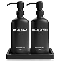 Black Glass Soap and Lotion Dispenser Set with Tray by Brighter Barns - Hand Soap Dispenser Bathroom Set &amp; Stainless Steel Pump for Home - Modern Bathroom Accessories, Modern Decor (Black)