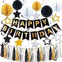 Black Gold Birthday Decorations, Happy Birthday Decorations with Banner, Honeycomb Balls, Stars Hanging Swirls, Paper Tassel Garland