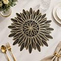 Black Gold PVC Table Mat, 15 Inch Round Leaf Design Dining Table Placemat, Waterproof Heat Resistant Wipe Clean Decorative Mat for Dining, Center, Side & Console Table