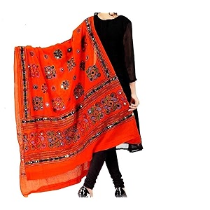 women39s cotton kutch work dupatta embroidery mirror work dupatta stoles phulkari chunnis free size 225 meter orange