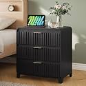 Black Nightstand with Charging Station, 24" Modern Fluted Wood Night Stand with Drawers Storage, Wide End Table, Bedside for Bedroom, Black