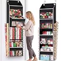 Black Over Door Wrapping Paper Organizer Storage with 3 Removable Drawers & Side Pockets – Dual Use Design with Elastic Straps – Christmas Gift Wrap Storage for Ribbons, Bows,Ornament and Other Tools