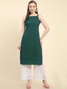 black scissor chikan embroidery georgette straight kurta for women green