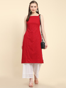 black scissor chikan embroidery georgette straight kurta for women red