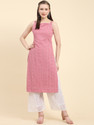 BLACK SCISSOR Chikan Embroidery Georgette Straight Kurta for Women (Pink)