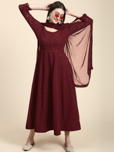 black scissor pack of 2 embroidered georgette anarkali kurta for women with attached dupatta maroon