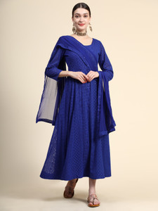 black scissor pack of 2 embroidered georgette anarkali kurta for women with attached dupatta dark blue