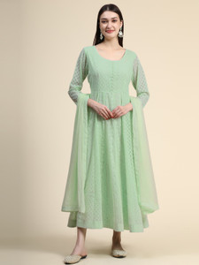 black scissor pack of 2 embroidered georgette anarkali kurta for women with attached dupatta green