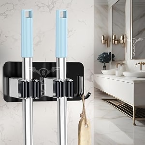 sittella black self adhesive stainless steel 2 racks with 1 hook heavy duty wall mounted broom and mop stick holder for home kitchen garden laundry garage