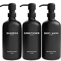 Black Shampoo and Conditioner Dispenser Set by Brighter Barns - Refillable Plastic Shower Soap Dispensers for Bathroom - Body Wash &amp; Shampoo Bottles - Modern Bathroom Decor for Hotel, Airbnb (Black)