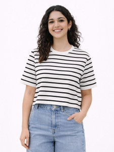 BLACK STUDIO Striped Women Round Neck White
