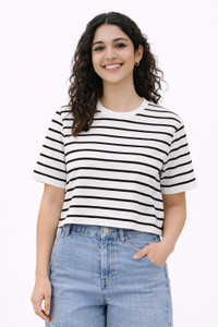 BLACK STUDIO Striped Women Round Neck White