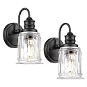 HWH Wall Sconces Set of 2, 1-Light Matte Black Bathroom Light Fixtures, Modern Single Vanity Light Wall Lamp with Bell-Shaped Clear Glass, 5HZG106B-2 BK