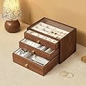 Black Walnut Jewelry Box for Women, 3 Layer Wooden Organizer with Glass Lid