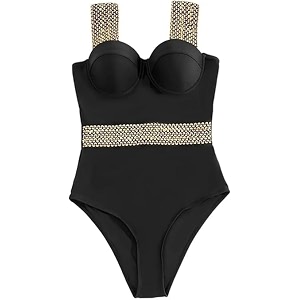 Black Wide Strap One Piece Contrast Trim