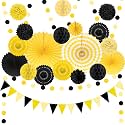 23Pcs Black and Yellow Birthday Party Decorations Hanging Paper Fans
