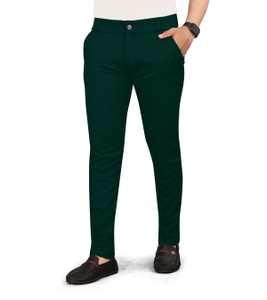 blaine men slim fit green lycra blend trousers