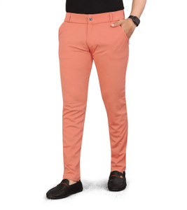 blaine men slim fit orange lycra blend trousers
