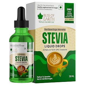 bliss of earth stevia liquid drops sugar free zero calorie diabetic and keto friendly sugar substitute glycerin free 998 reb glass bottle pack 30ml
