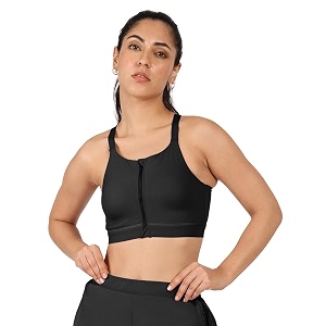 blissclub zip-up sports bra  front zip closure  attached hook for extra support  adjustable straps  removable cups