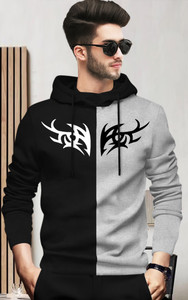 BLIVE Printed Men Hooded Neck Black Grey
