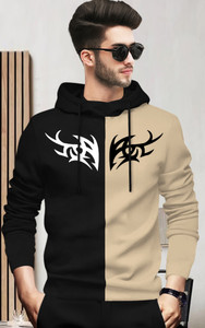 BLIVE Printed Men Hooded Neck Black Beige