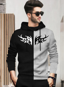 BLIVE Printed Men Hooded Neck Black Grey