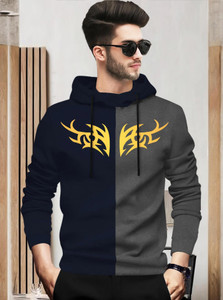 BLIVE Printed Men Hooded Neck Navy Blue