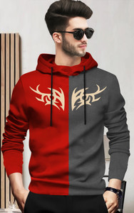 BLIVE Printed Men Hooded Neck Red Grey