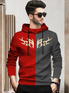 BLIVE Printed Men Hooded Neck Red Grey