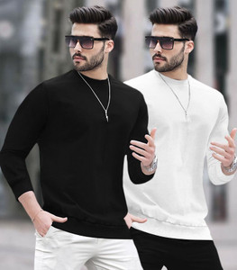 BLIVE Solid Men Round Neck Black White