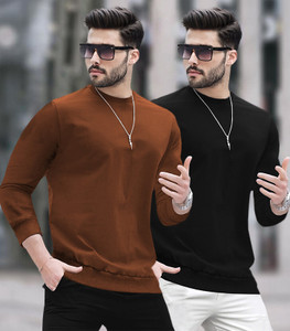 BLIVE Solid Men Round Neck Brown Black