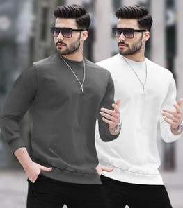 BLIVE Solid Men Round Neck Grey White