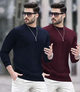 BLIVE Solid Men Round Neck Navy Blue