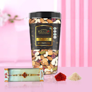 blk foods rakhi special gift pack  dry fruits  nuts mix with rakhi  roli chawal combo 250g