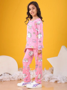 bloem girls top  pyjama set pink self design
