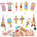 Bloobloomax Baby Soft Hanging Rattle, Wrist Rattle and Hand Foot Rattle Toy, Car Seat Stroller Toys with Plush Animal C-Clip Ring for Infant Babies Boys and Girls 3 6 9 to 12 Months (12PCS-G)